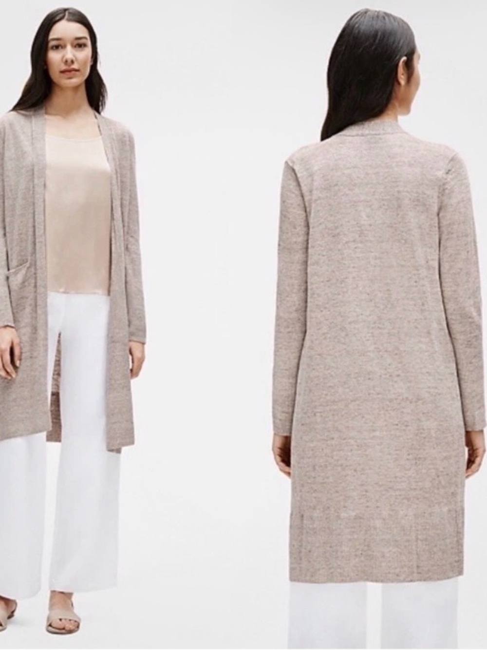 Eileen Fisher 100% Organic linen Open-Front Duster in Light Taupe and gray
